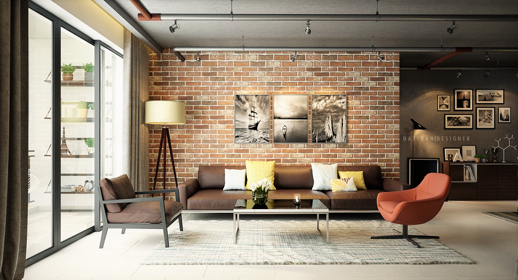 stunning living room bricks wall design with leather sofa