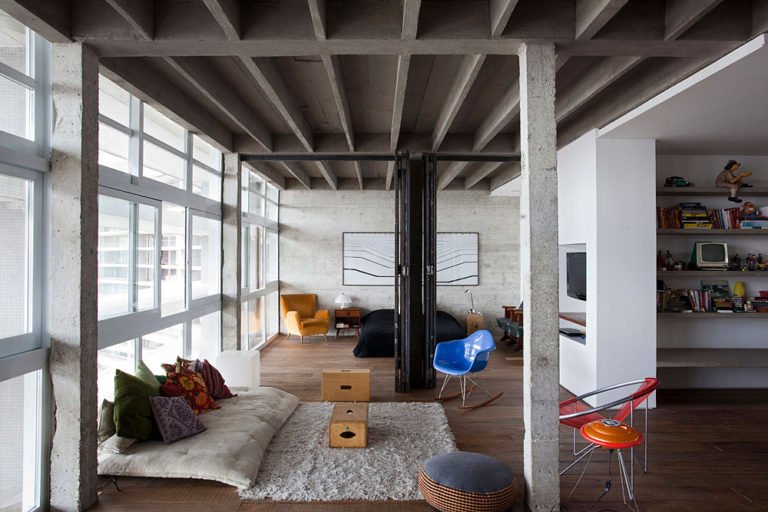 View of Polished Concrete Apartment in Brazil With Wooden Floor Architect