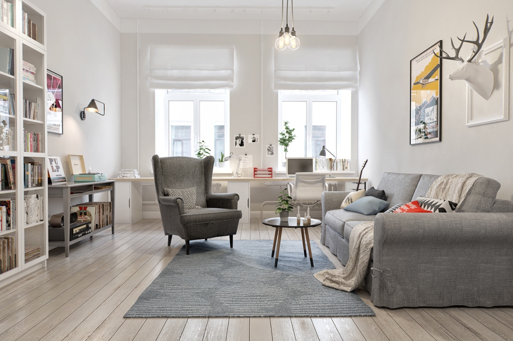 Scandinavian Living Room and Workspace together