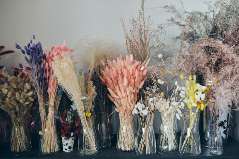 Colorful dried flowers on shelf