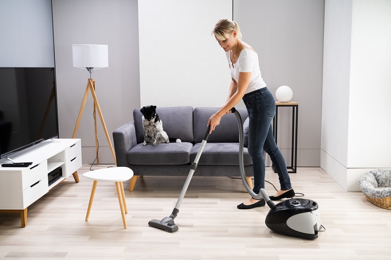 Young Maid Cleaning Carpet With Vacuum Cleaner At Home