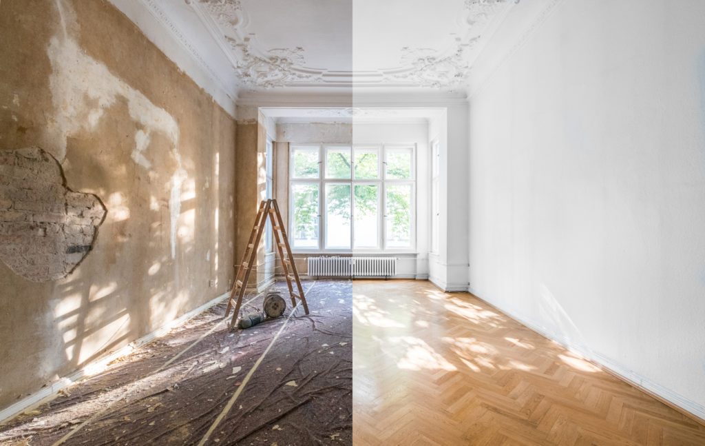 apartment renovation – empty room before and after  refurbishment  or restoration