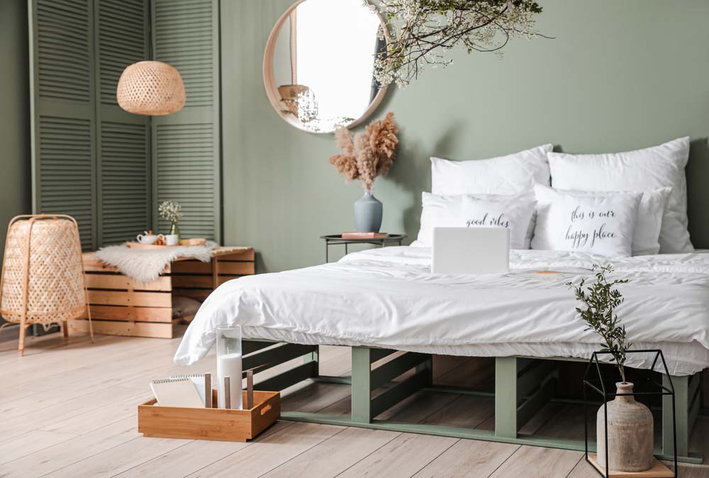 Modern rustic bedroom design with pastel hues & wooden ceramics