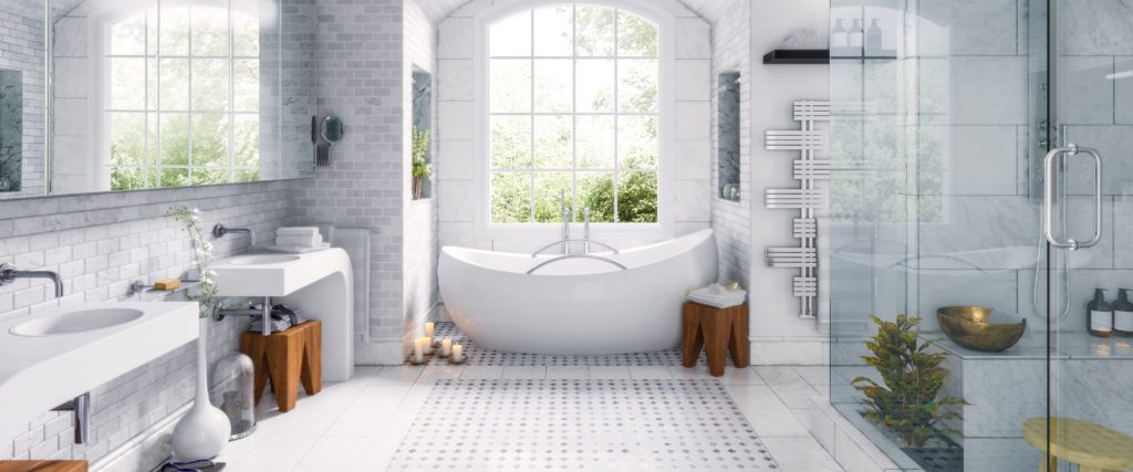 Renovation of an old building bathroom in a panoramic view – 3d