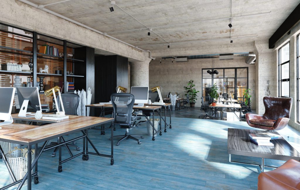 Office interior in loft, industrial style, 3d render