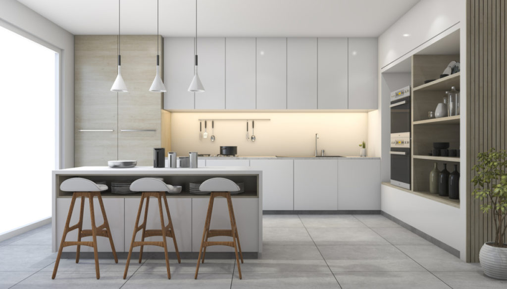 3d,Rendering,White,Modern,Design,Kitchen,With,Lamp