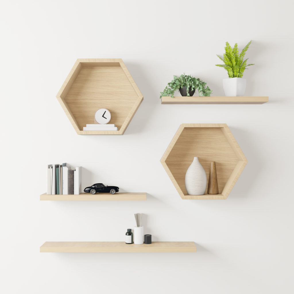 wooden Hexagon shelf little tree, books and toys copy space, moc