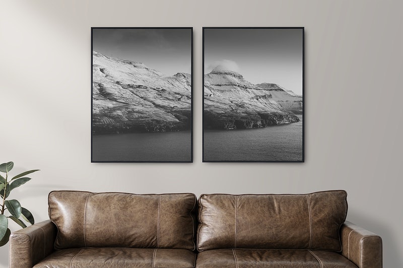 Picture frames mockup psd in a living room in luxury industrial style