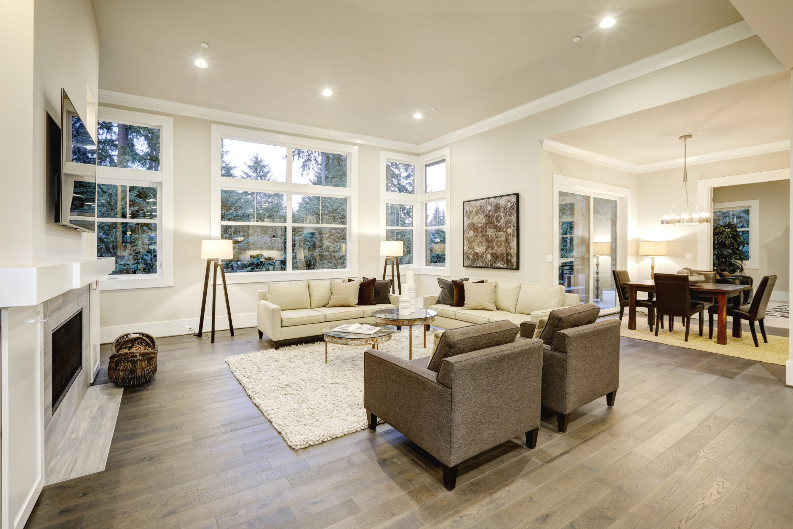 Chic light living room design with dark floors.