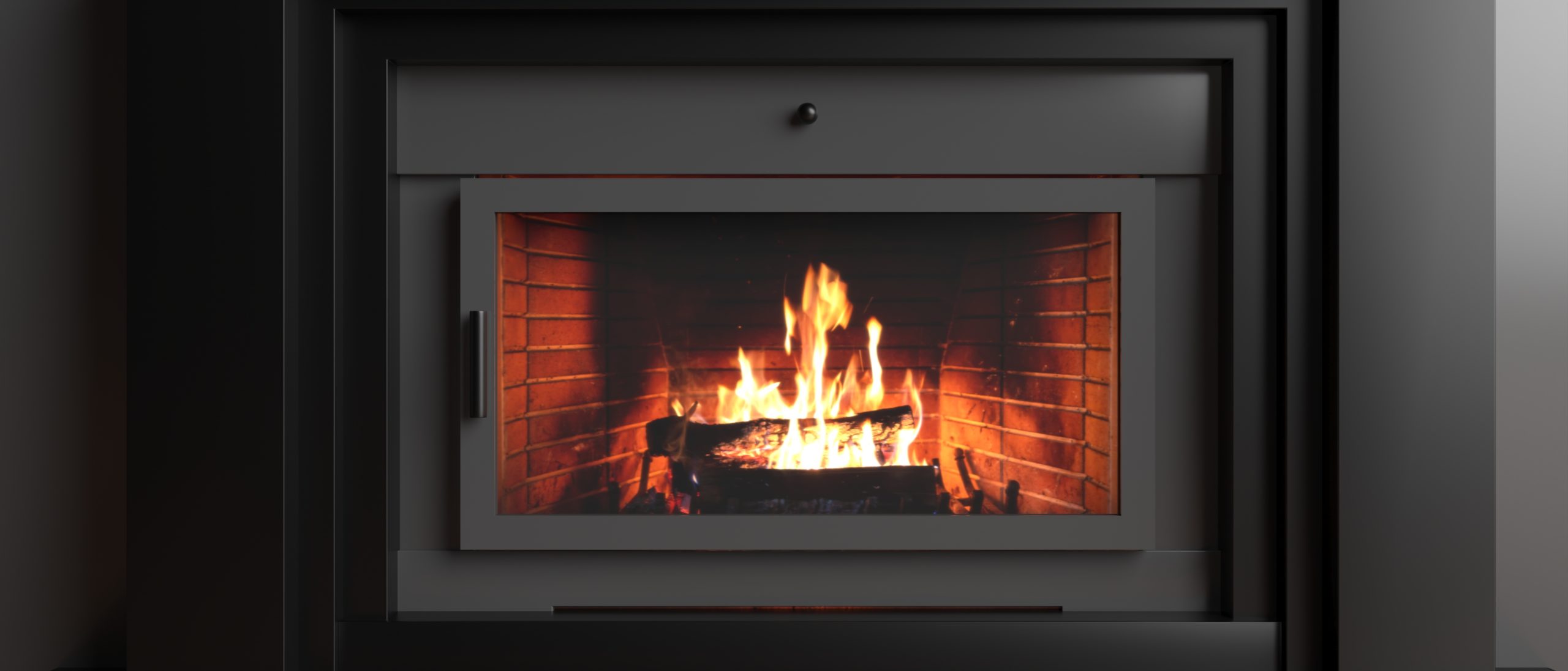 Burning fire in an energy stove fireplace radiates heat, warm mo