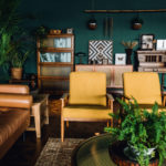 A stylish living room interior with brown and yellow coloured furniture and wooden elements with dark green coloured wall. Decorated with plants and butterfly specimen