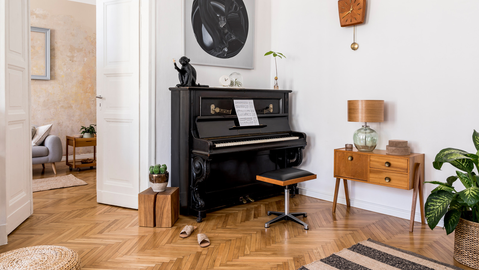 Modern,Composition,Of,Home,Interior,With,Stylish,Black,Piano,,Design