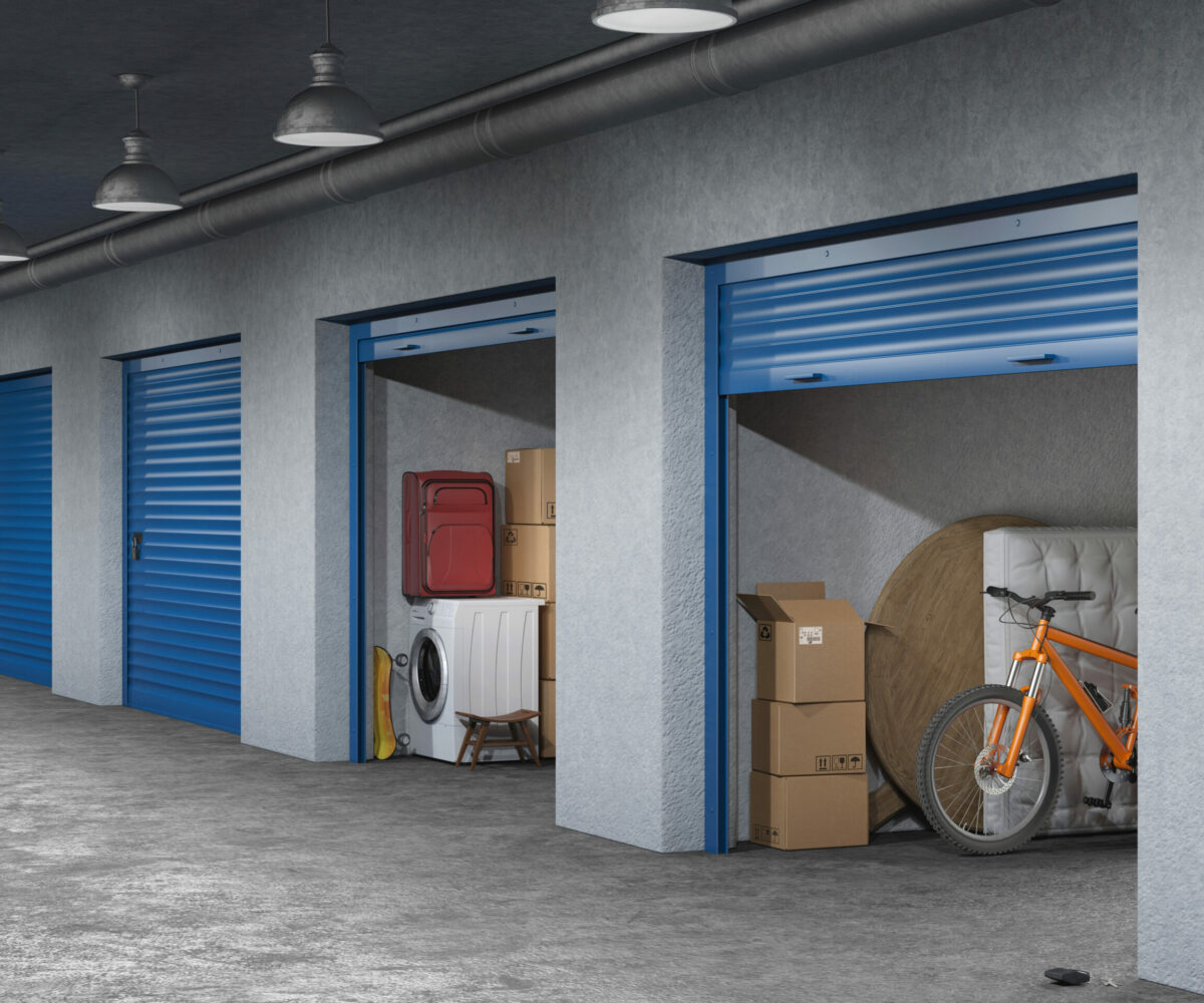 storage hall with open storages doors 3d illustration